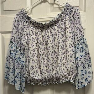 Free People Black and White Smocked Bell Sleeve Blouse